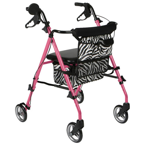 Medline Posh Rollator Walker with Storage Bag - Pink/Zebra