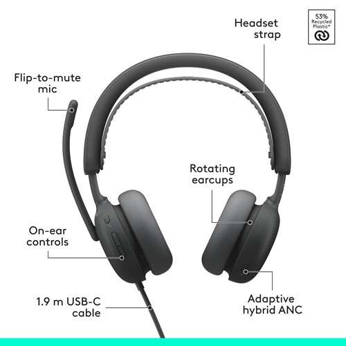 Casque d'écoute avec fil à suppression active du bruit Zone 2 de Logitech - Graphite