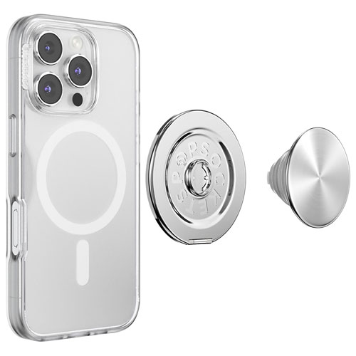 Support universel à prise pour cellulaire avec MagSafe PopGrip Kick-Out de PopSockets - Aluminium argenté radial