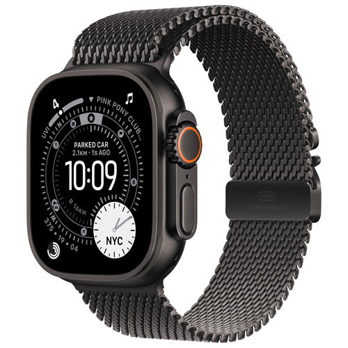 Apple Watch Ultra 3 (GPS + Cellulaire) avec boîtier de 49 mm en titane noir et bracelet milanais en titane noir par Rogers - Moyen - Financement mensuel