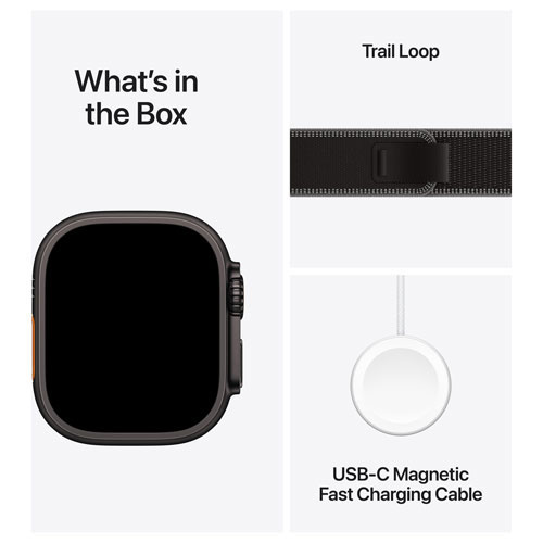 Apple Watch Ultra 3 (GPS + cellulaire) avec boîtier de 49 mm en titane noir et bracelet sentier noir/charbon avec Freedom Mobile - Petit/Moyen - Paiement Balance mensuel