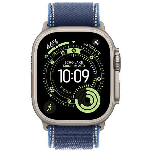Apple Watch Ultra 3 avec boîtier de 49 mm en titane naturel et bracelet sentier bleu/bleu clair avec Freedom Mobile - Petit/Moyen - Paiement Balance