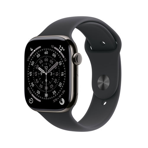 Apple Watch Series 11 avec boîtier de 42 mm en titane ardoise et bracelet sport noir avec Freedom Mobile - Petit/Moyen - Paiement Balance mensuel