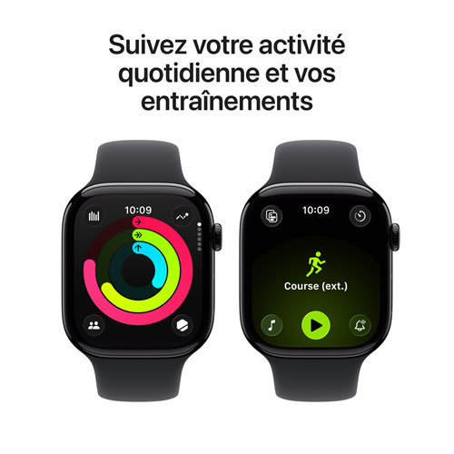 Apple Watch Series 11 (GPS + cellulaire) avec boîtier de 46 mm en aluminium noir de jais et bracelet sport noir avec Freedom Mobile - Petit/Moyen - Paiement Balance mensuel