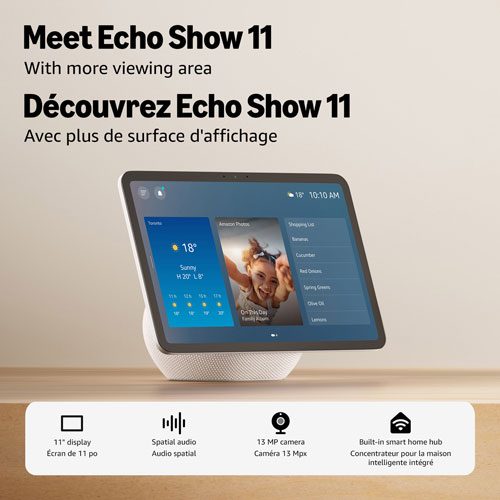 Écran intelligent Echo Show 11 d'Amazon avec son spatial et Alexa+ - Blanc glacier