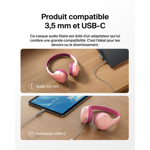 Casque d'écoute avec fil à suppression du bruit pour enfants SoundForm Mini de Belkin - Rose