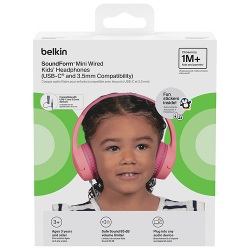 Casque d'écoute avec fil à suppression du bruit pour enfants SoundForm Mini de Belkin - Rose