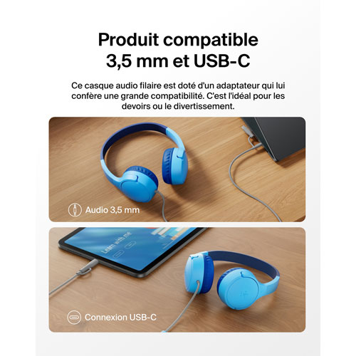 Casque d'écoute avec fil à suppression du bruit pour enfants SoundForm Mini de Belkin - Bleu