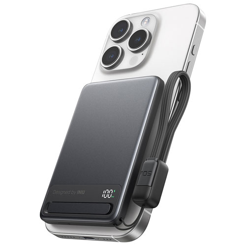 Chargeur portable ultramince USB-C PD 20 W 5000 mAh MagPro d'INIU avec chargement Qi2 sans fil et MagSafe - Noir
