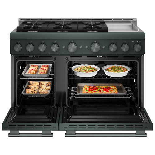 Cuisinière biénergie 6 brûleurs avec convection véritable et friture à l'air 6,3 pi³ 48 po de KitchenAid avec plaque chauffante électrique (KFGD948SJP) - Genévrier