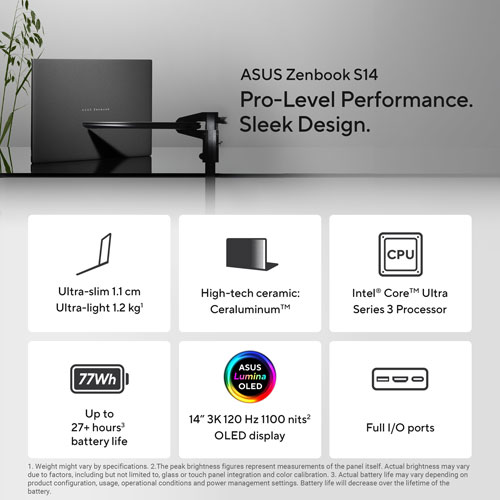 ASUS Zenbook S14 14" Touchscreen Laptop - Antrim Grey (Intel Core Ultra 9 386H/32GB RAM/1TB SSD/Windows 11 Home)