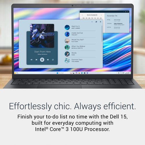 Portable de 15,6 po de Dell - Noir carbone (Core 3 100U d'Intel/RAM 8 Go/SSD 512 Go/Windows 11 Famille)