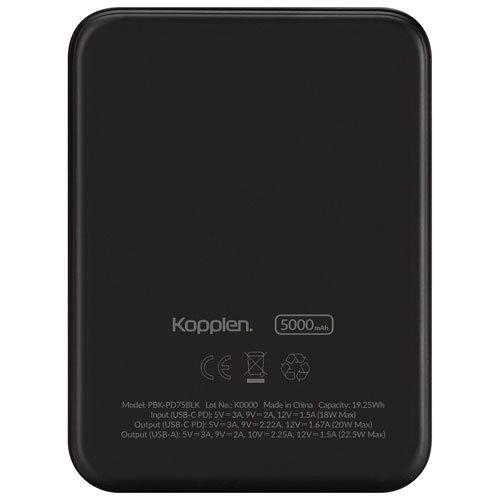 Chargeur portable à chargement rapide USB-A/USB-C 5000 mAh 22,5 W de Kopplen - Noir