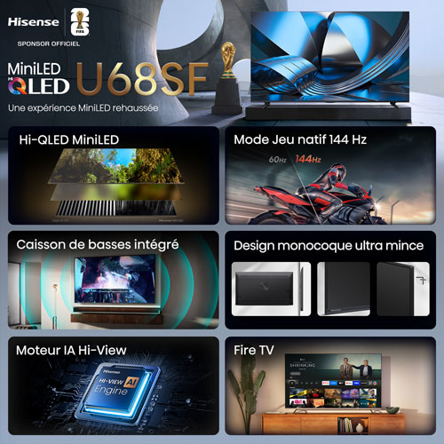 Téléviseur intelligent Fire TV QLED mini-DEL HDR UHD 4K de 75 po QD8SF de Hisense (75U68SF) - 2026