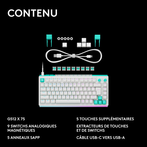 Clavier de jeu mécanique tactile et analogique rétroéclairé DUAL SWAP TMR G G512 X 75 format 75 % de Logitech - Blanc - Anglais