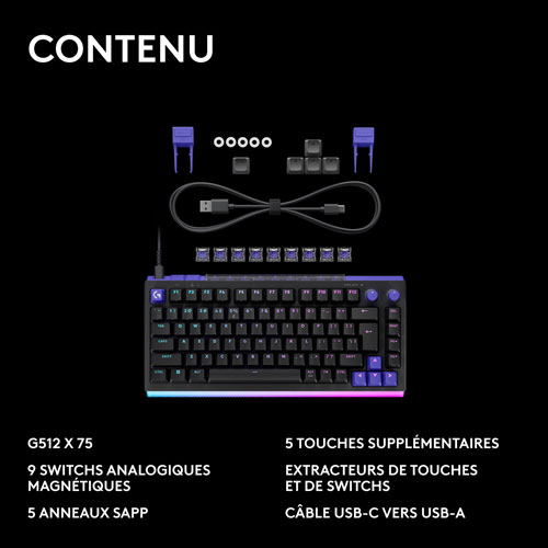 Clavier de jeu mécanique tactile et analogique rétroéclairé DUAL SWAP TMR G G512 X 75 format 75 % de Logitech - Anglais