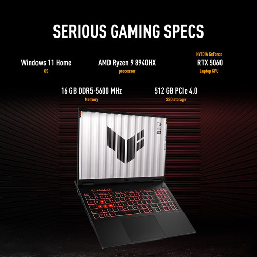 Portable de jeu de 16 po TUF Gaming A16 d'ASUS - Gris Jaeger (Ryzen 9 8940HX d'AMD/RAM 16 Go/SSD 512 Go/GeForce RTX 5060/Win11)