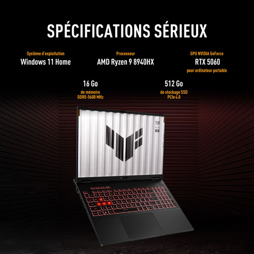 Portable de jeu de 16 po TUF Gaming A16 d'ASUS - Gris Jaeger (Ryzen 9 8940HX d'AMD/RAM 16 Go/SSD 512 Go/GeForce RTX 5060/Win11)