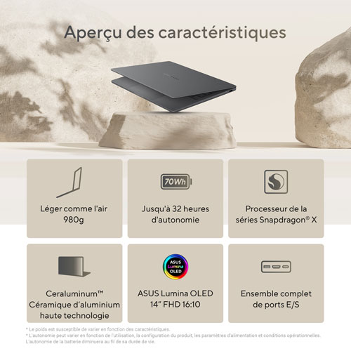 Portable de 14 po Zenbook A14 d'ASUS - Gris Islande (Snapdragon X X1 26 100/RAM 16 Go/SSD 512 Go/Windows 11 Famille)