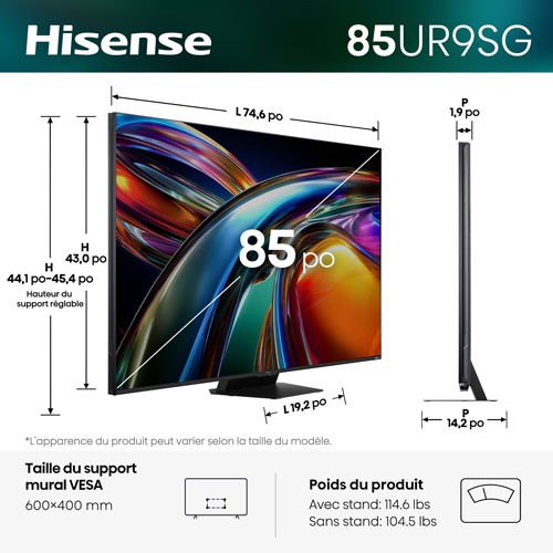 Téléviseur intelligent Google mini-DEL RVB HDR UHD 4K UR9SG de 85 po de Hisense (85UR9SG) - 2026