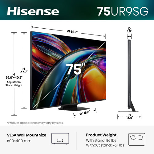Hisense 75" UR9SG 4K UHD HDR RGB Mini-LED Smart Google TV (75UR9SG) - 2026