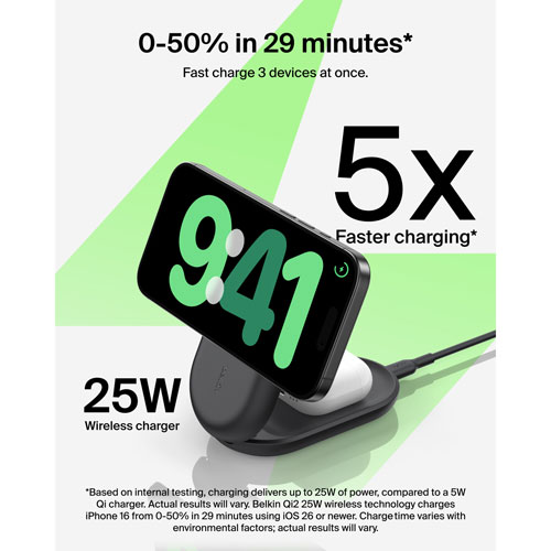 Station de chargement sans fil 3-en-1 Qi2 de 25 W de Belkin avec MagSafe - Noir