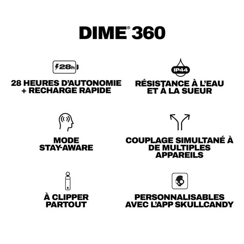 Écouteurs boutons 100 % sans fil à isolation sonore Dime 360 de Skullcandy - Noir