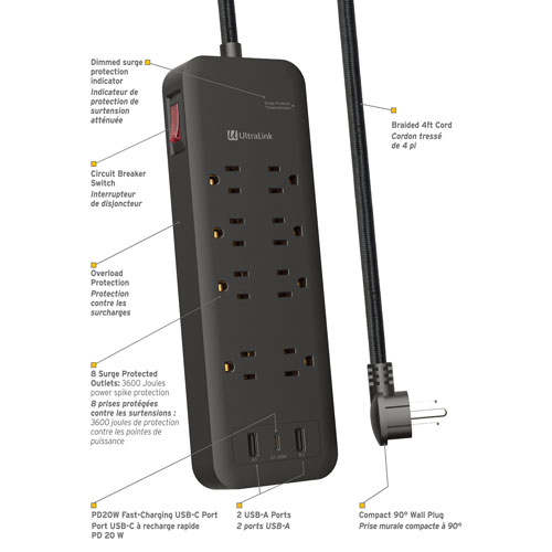 UltraLink 8-Outlet Surge Protector with USB-A/USB-C Ports (ULPSP8B)