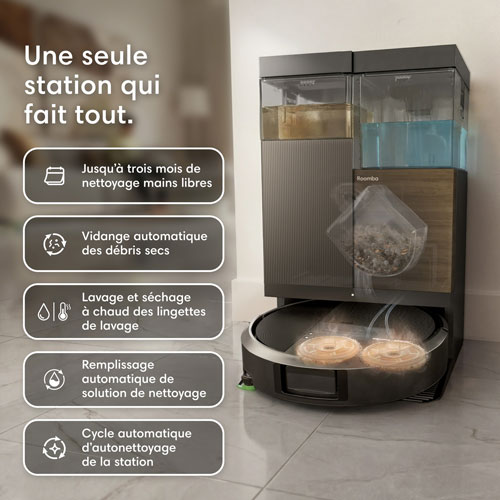 Robot aspirateur et laveur multisurface iRobot Roomba Plus 575 Combo avec station autolavante à vidange automatique, cartographie intelligente, Wi-Fi, LiDAR - Noir