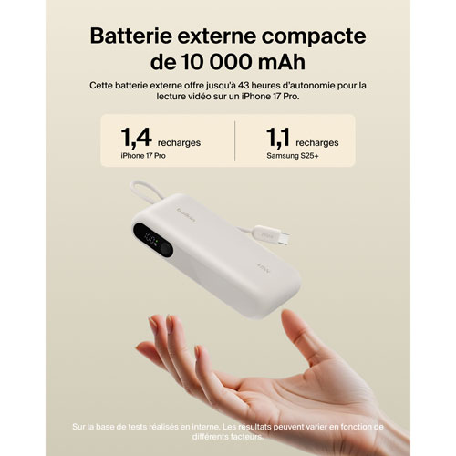 Chargeur portatif USB-C/USB-A UltraCharge de Belkin de 10 000 mAh et 45 W avec câble USB-C intégré – Sable