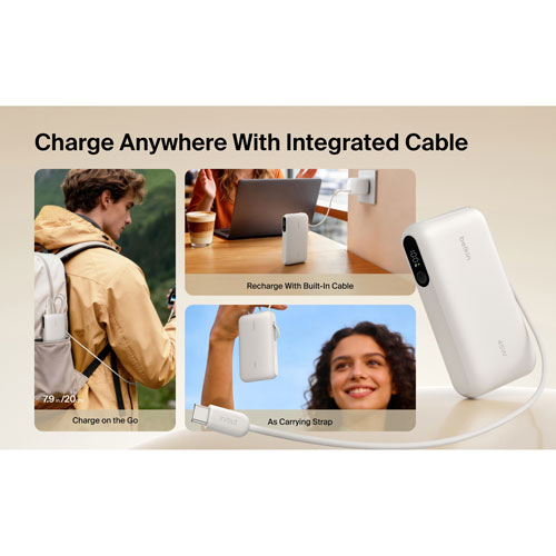 Belkin UltraCharge 10000 mAh 45W USB-C/USB-A Power Bank with Integrated USB-C Cable - Sand