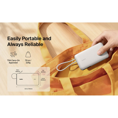Chargeur portatif USB-C/USB-A UltraCharge de Belkin de 10 000 mAh et 45 W avec câble USB-C intégré – Sable