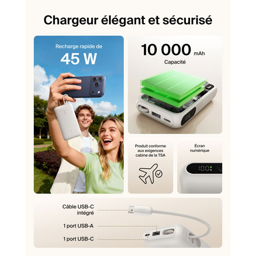 Chargeur portatif USB-C/USB-A UltraCharge de Belkin de 10 000 mAh et 45 W avec câble USB-C intégré – Sable