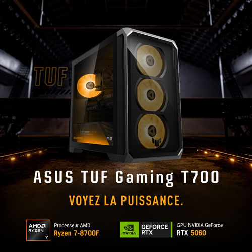 Ordinateur de jeu ASUS TUF TM700 - RTX 5060 DUAL, AMD Ryzen 7-8700F, mémoire de 16 Go, SSD de 1 To - Gris éclipse solaire