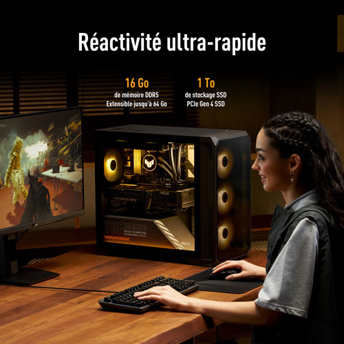 Ordinateur de jeu ASUS TUF TM700 - RTX 5070 PRIME, AMD Ryzen 7‑8700F, mémoire de 16 Go, SSD de 1 To - Gris éclipse solaire