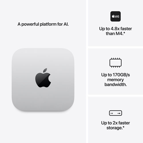 Ordinateur Apple Mac mini 512 Go (MHQL4VC/A), processeur Apple M6 à 12 cœurs / processeur graphique à 12 cœurs / 16 Go de mémoire vive
