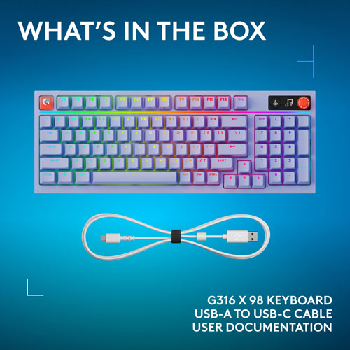 Logitech G316 X 98 Backlit Mechanical Tactile Full-Size Gaming Keyboard - Lilac - English