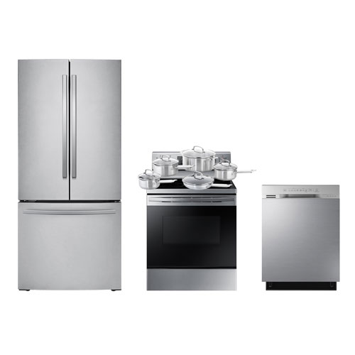 Samsung 30 French Door Refrigerator Electric Range Dishwasher Cookware Package Stainless Best Buy Canada