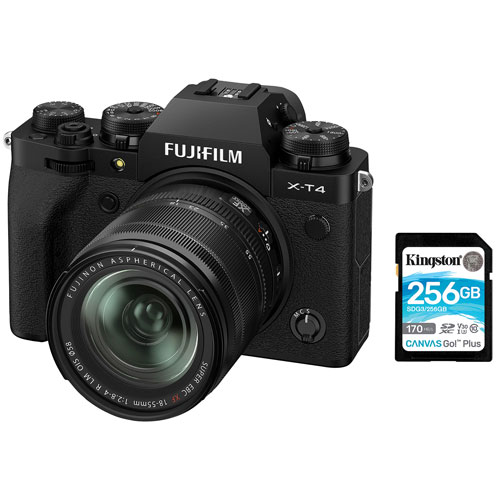 Appareil photo sans miroir X-T4 de Fujifilm avec objectif 18-55 mm et carte mémoire de 256 Go