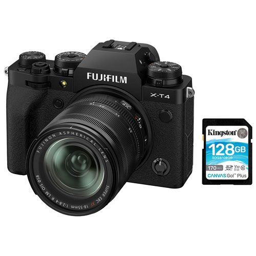 Fujifilm X-T4 Mirrorless Camera with 18-55mm Lens Kit with 128GB Memory Card - Black