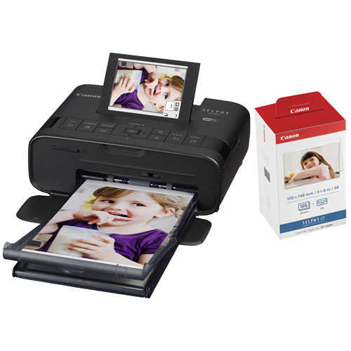 Imprimante photo sans fil Selphy CP1300 de Canon et ensemble encre couleur et papier photo - Noir