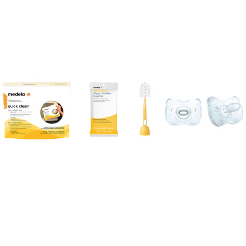 Medela Quick Clean Micro-Steam Microwave Bags, Bottle Brush, Wipes and Silicon Pacifires