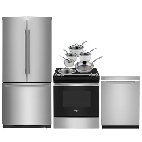 Réfrigérateur deux portes 30 po de Whirlpool; Cuisinière électrique; Lave-vaisselle; Batterie - Inox