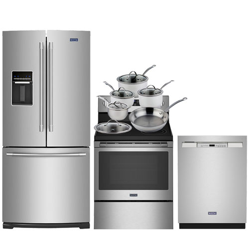 Maytag 30" French Door Refrigerator; Electric Air Fry Range; Dishwasher; Cookware Set - Stainless