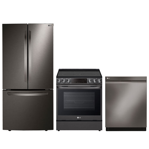 Réfrigérateur deux portes 33 po LG; Lave-vaisselle; Cuisinière électrique friture air - Inox noir