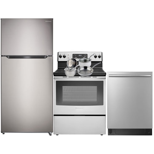 Insignia 30" 18 Cu. Ft. Top Freezer Refrigerator; Electric Range; Dishwasher; Cookware Set - Stainless