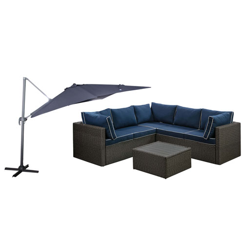Veranda 3-Piece Patio Sectional with 10 sq ft. Offset Patio Umbrella - Grey Brown/Navy Cushions