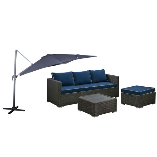 Deckster 3-Piece Patio Conversation Set with 10 sq ft. Offset Patio Umbrella - Grey Brown/Navy Cushions