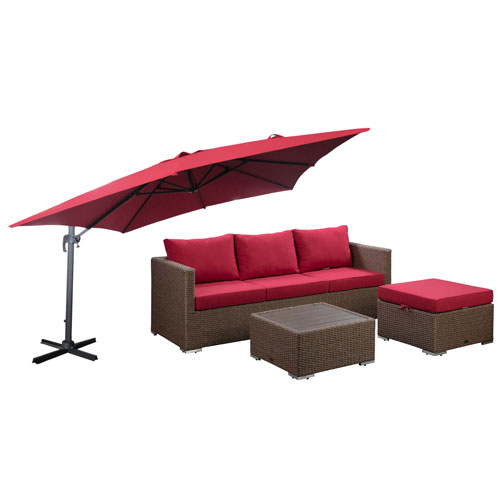 Deckster 3-Piece Patio Conversation Set with 10 sq ft. Offset Patio Umbrella - Brown Wicker/Red Cushions