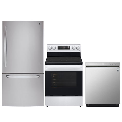LG 30" Bottom Freezer Refrigerator; Freestanding Electric Range; 50dB Built-In Dishwasher - Stainless